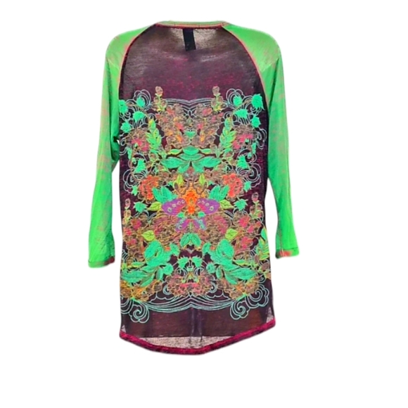 Custo Barcelona Sheer Colorful Floral Graphic Print Top 3/4 Sleeve Size 2 - Picture 2 of 4